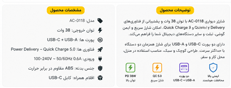 شارژر فست 38 وات با کابلPD مدل AC-0118 با